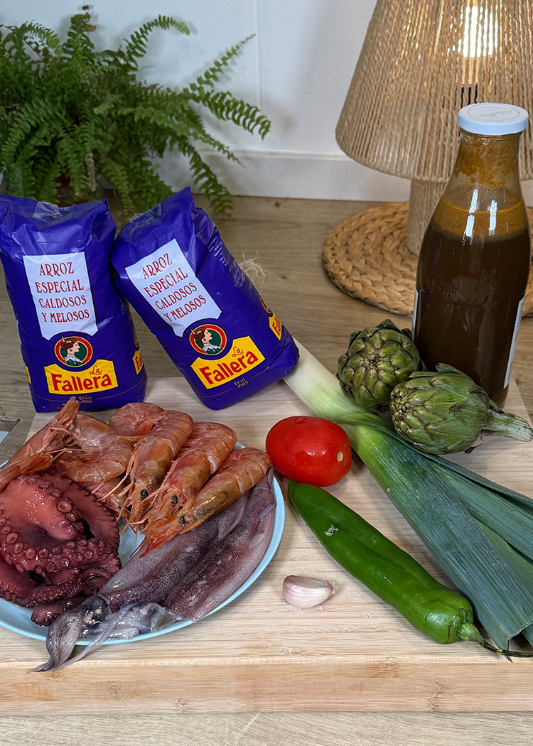 ingredientes para arroz meloso con pulpo y gambas
