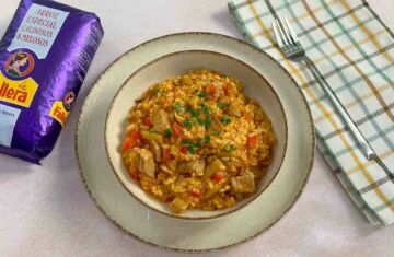 arroz meloso con secreto setas y ajos tiernos