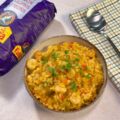 Presentación de arroz meloso con gambas