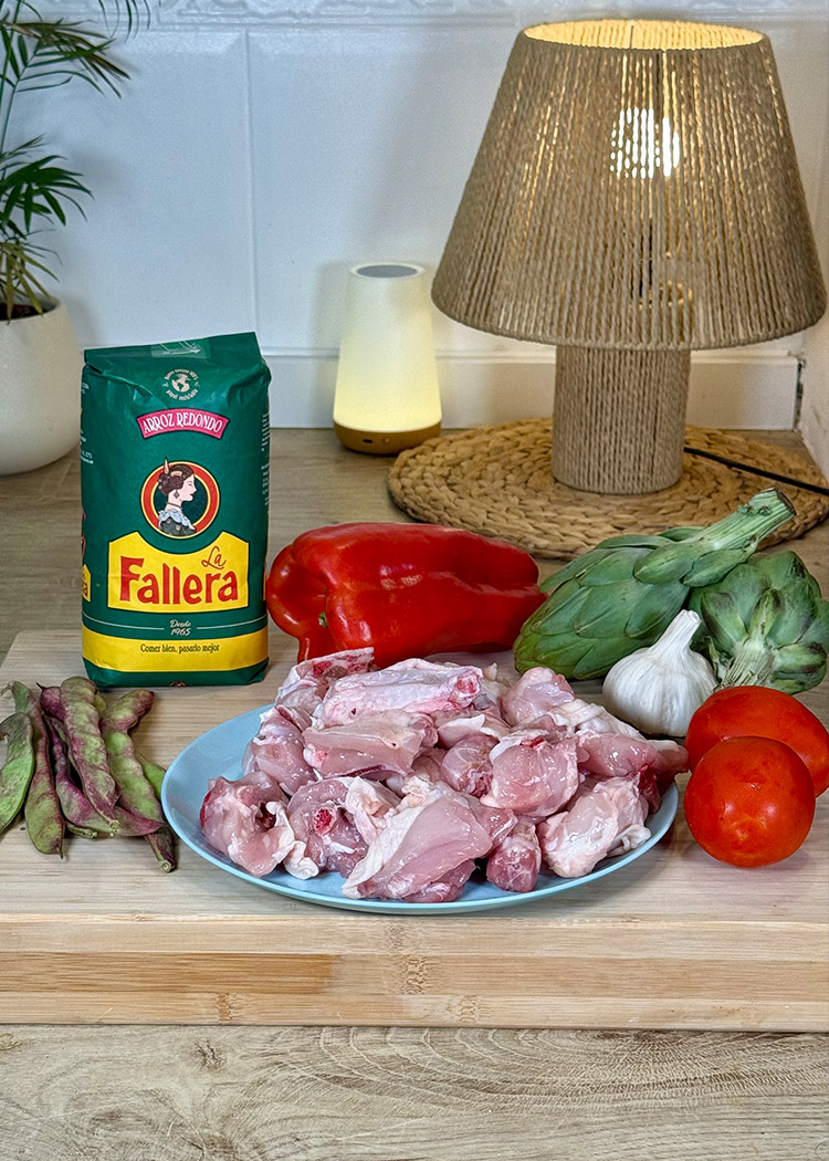 ingredientes paella de carne y verduras