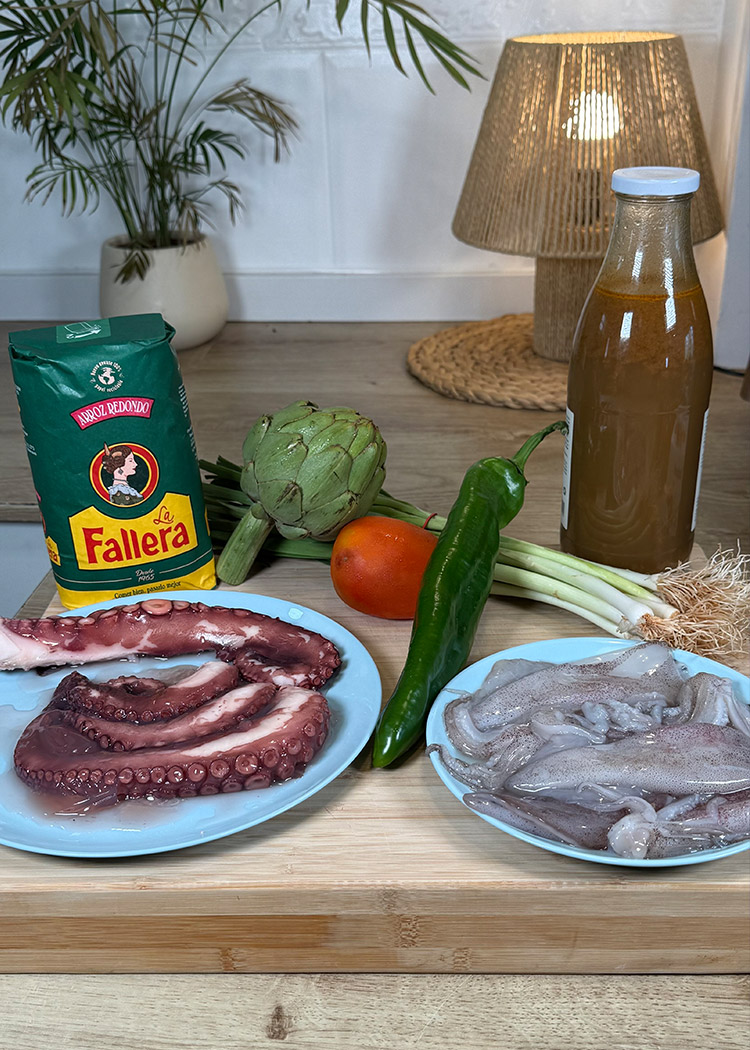 ingredientes para arroz con pulpo y alcachofas